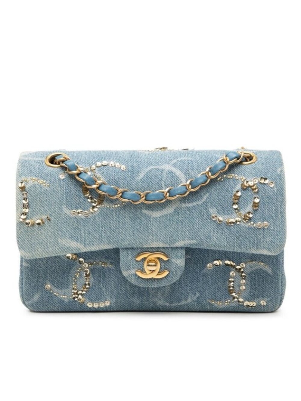 Chanel Quilted CC Logo Blue Gold Denim Sequins